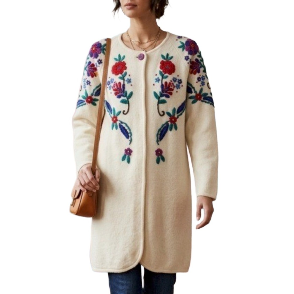 Bohemian Boiled Wool Embroidered Floral Jacket Sz M Artisan Coat Scandi Folk Art